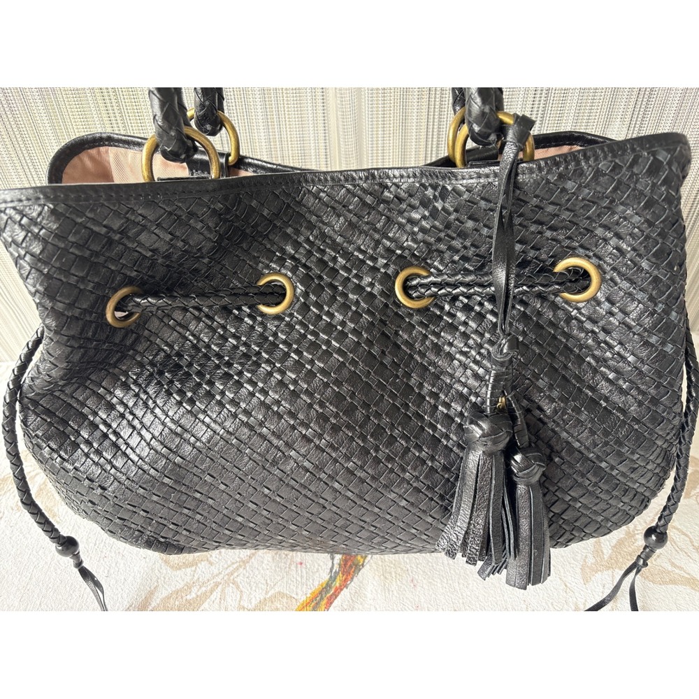 The Sak Black Woven Leather Shoulder Bag Tassel Boho Tote Brass Hardware-pics